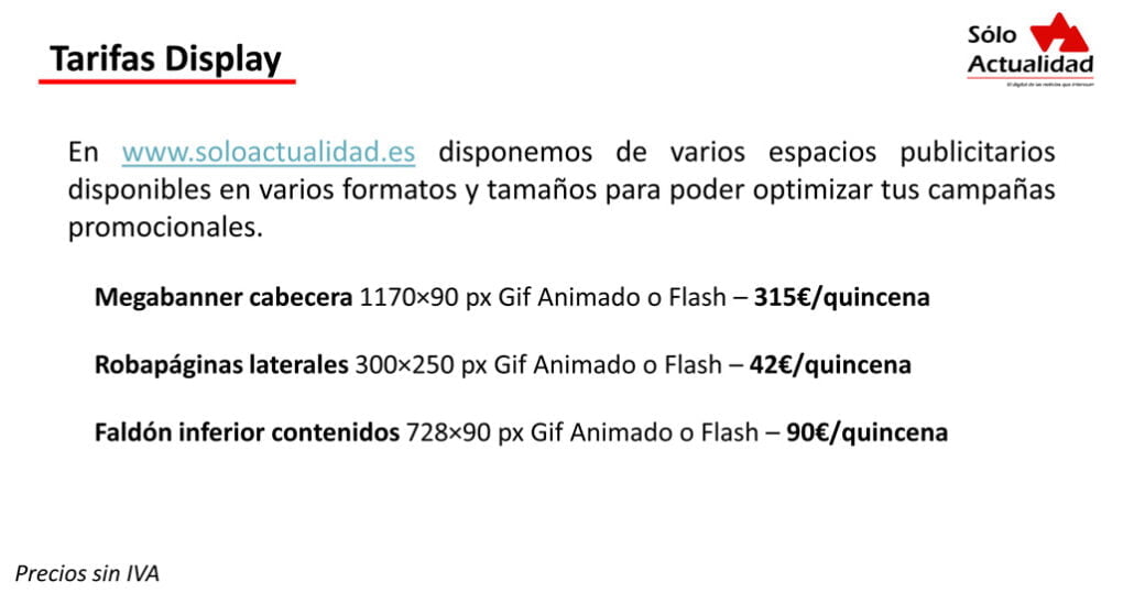 TARIFAS PUBLICITARIAS ANUNCIOS EN SOLOACTUALIDAD.ES