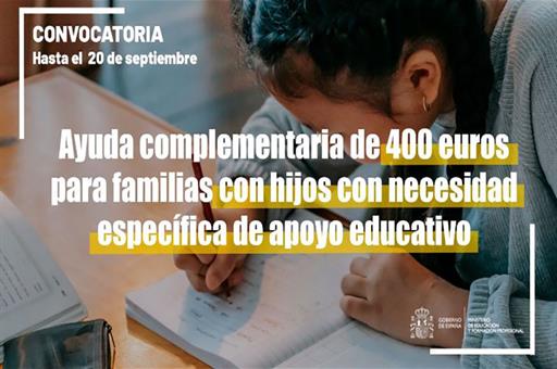 Abierto el plazo para solicitar la ayuda complementaria de 400 euros para alumnado con necesidades específicas de apoyo educativo