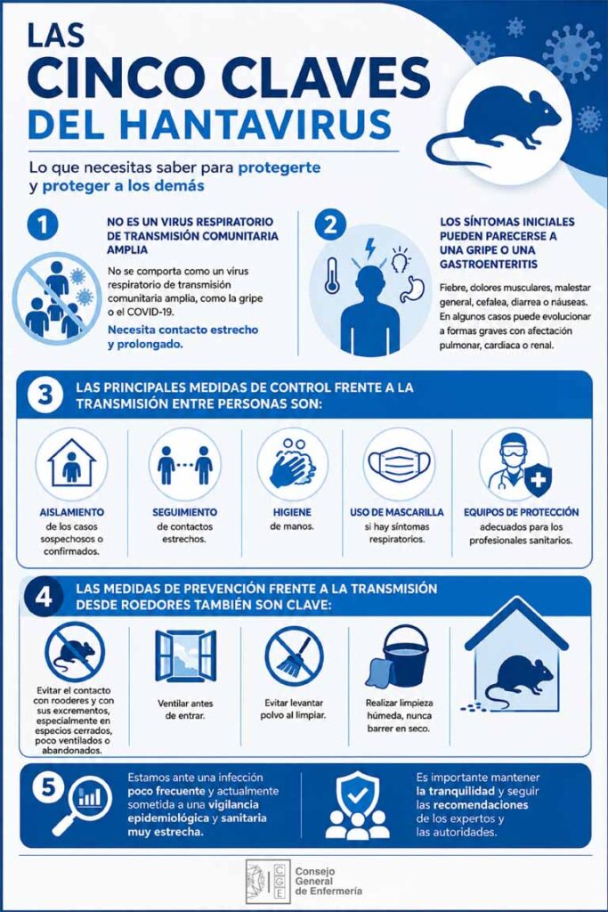 El Consejo General de Enfermería explica las cinco claves del hantavirus y llama a informarse en fuentes oficiales