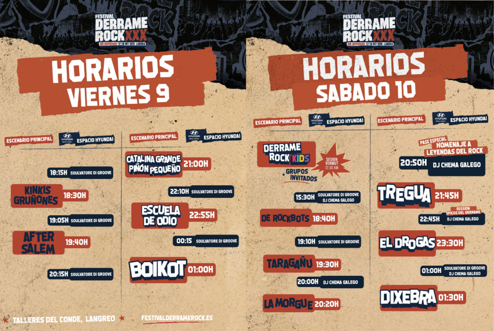 Derrame Rock 2026 desvela sus horarios: El Drogas, Boikot, Dixebra y Escuela de Odio celebran 30 años de festival